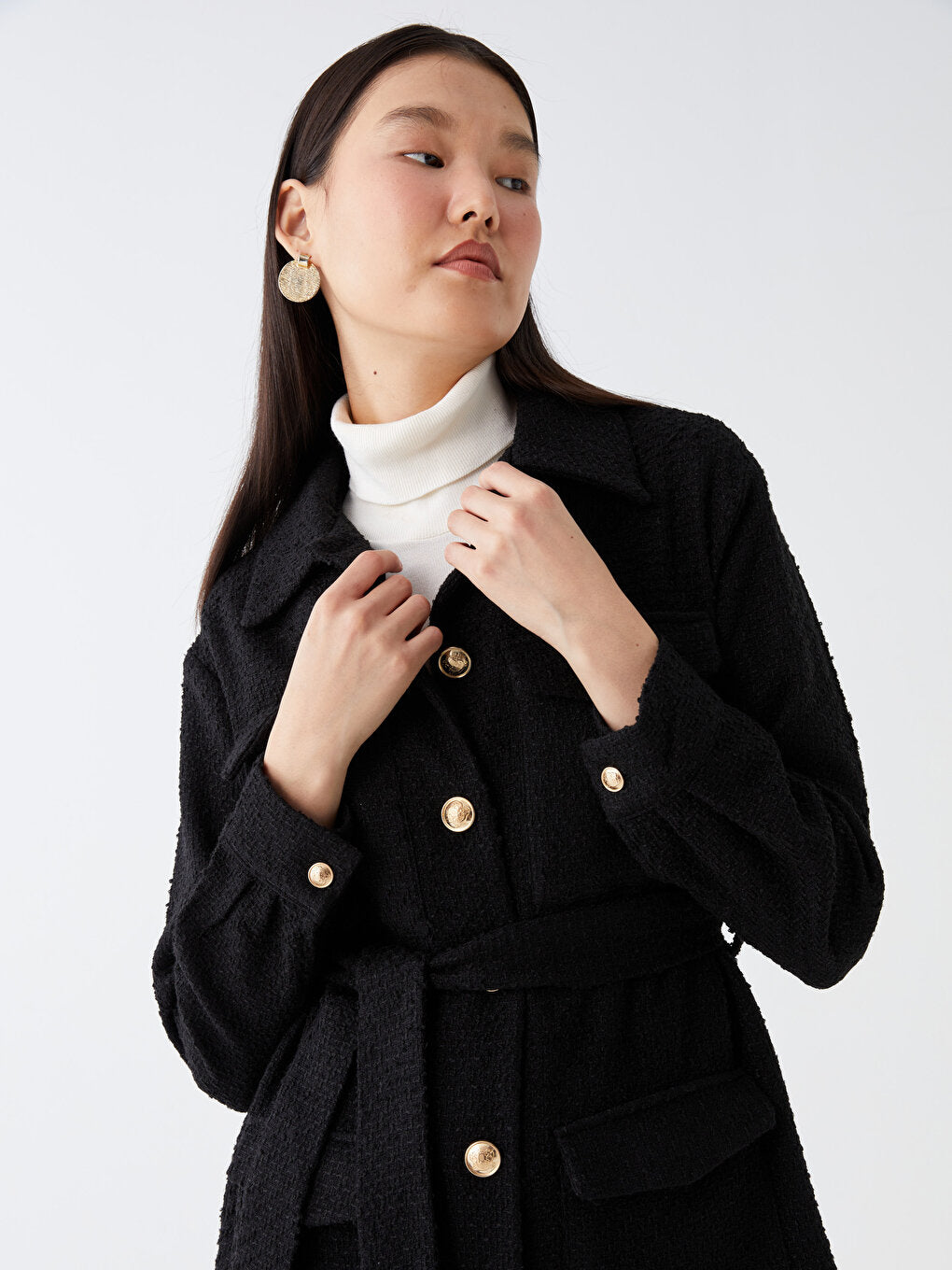 Shirt Collar Patterned Women's Tweed Blazer Jacket