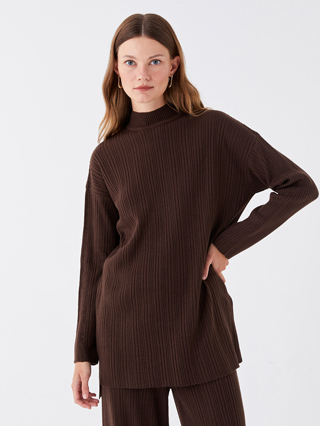 Half Turtleneck Plain Long Sleeve Women's Knitwear Tunic