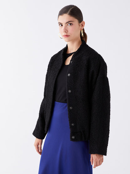 High Collar Plain Long Sleeve Women's Tweed Jacket