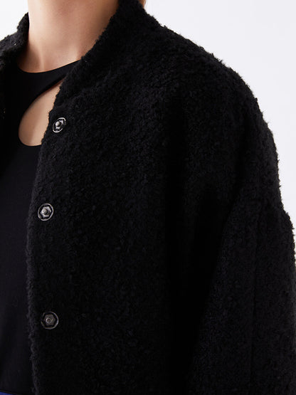 High Collar Plain Long Sleeve Women's Tweed Jacket