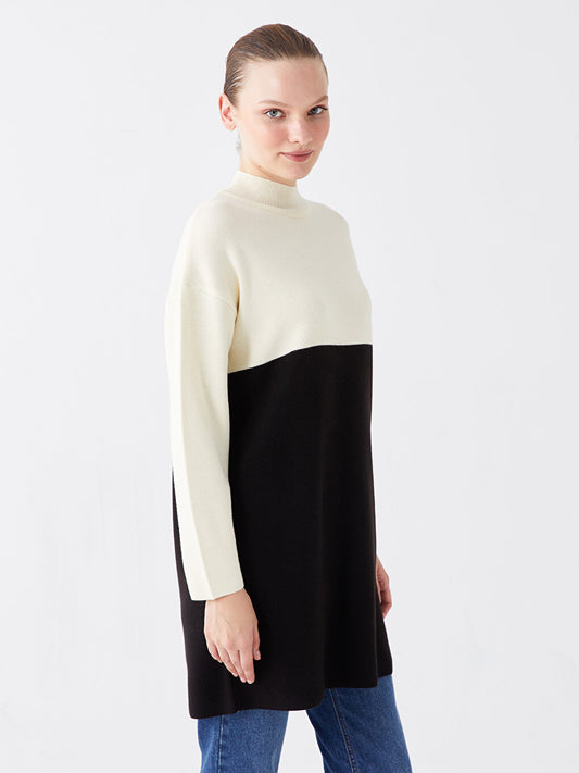 Half Turtleneck Color Blocked Long Sleeve Oversize Women's Knitwear Tunic