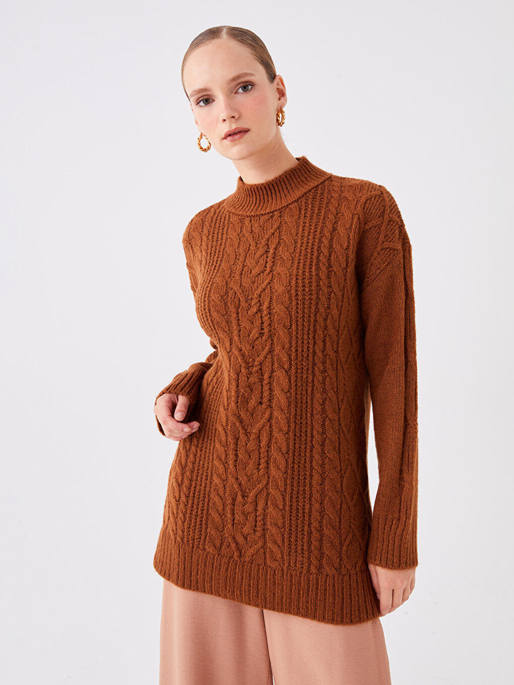 Half Turtleneck Self-Patterned Long Sleeve Women's Knitwear Tunic