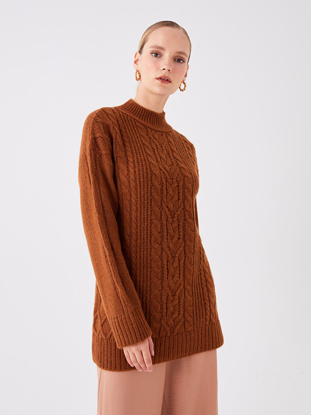 Half Turtleneck Self-Patterned Long Sleeve Women's Knitwear Tunic