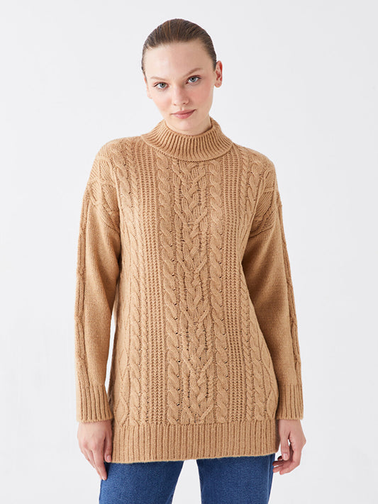 Half Turtleneck Self-Patterned Long Sleeve Women's Knitwear Tunic