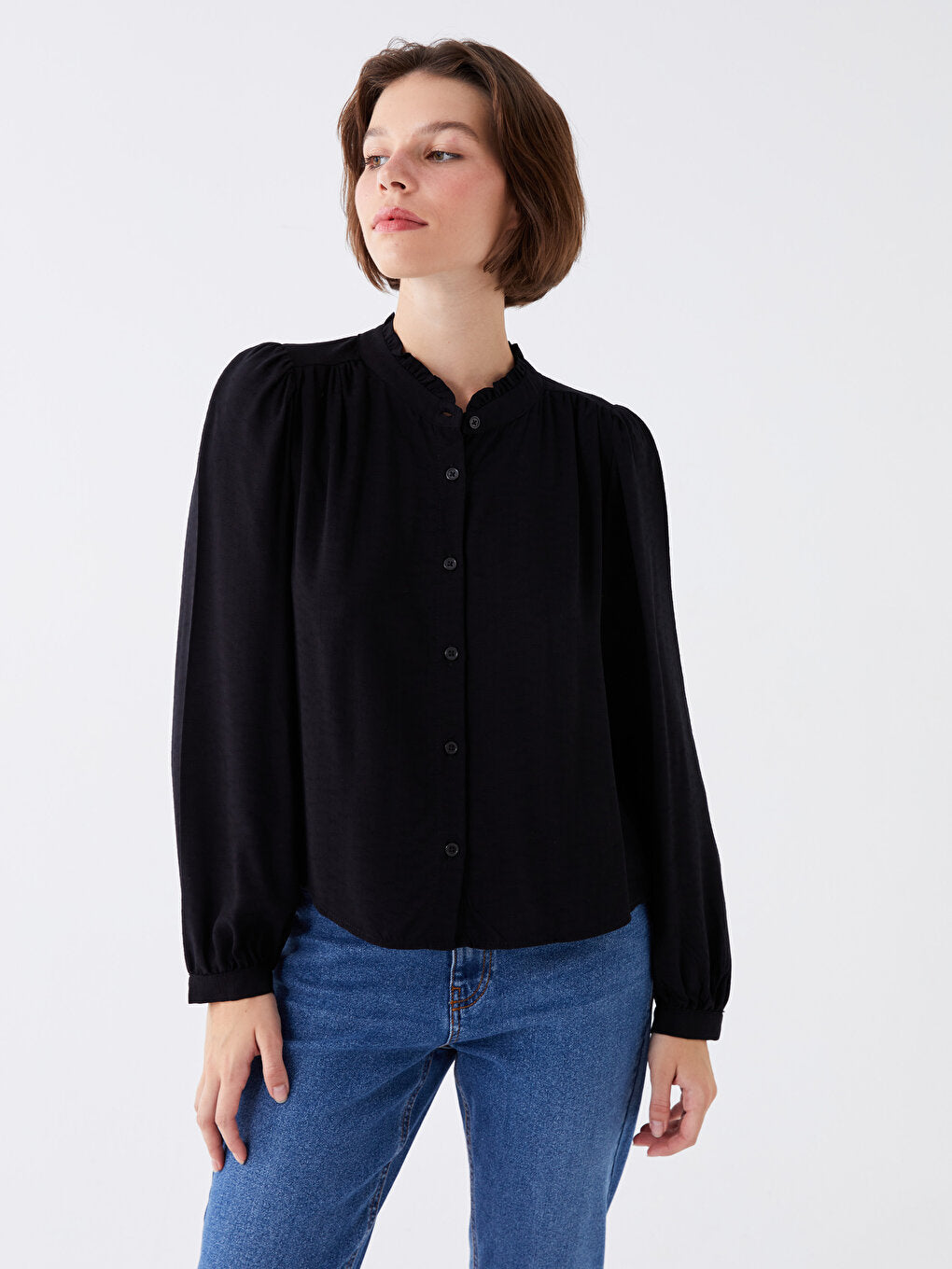 Magnificent Collar Plain Long Sleeve Poplin Women's Shirt