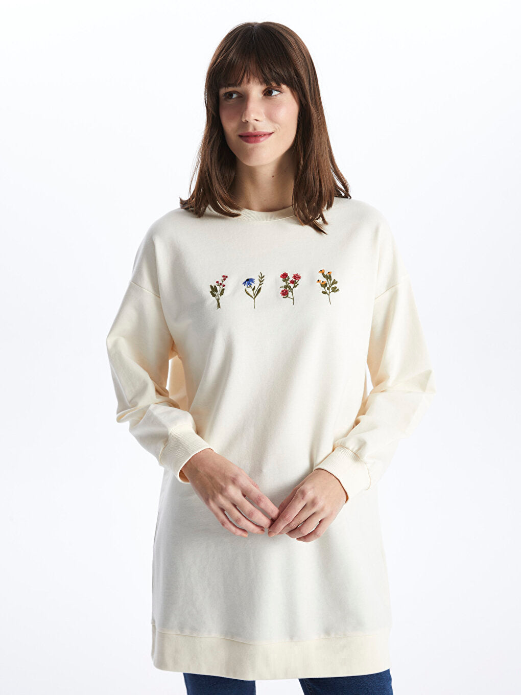 Crew Neck Embroidered Long Sleeve Women's Sweatshirt Tunic