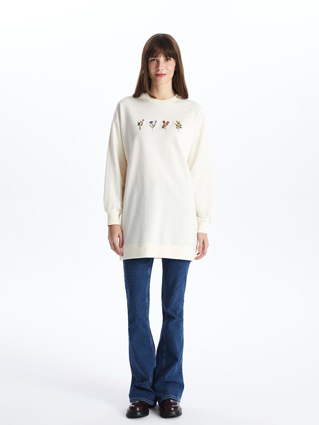 Crew Neck Embroidered Long Sleeve Women's Sweatshirt Tunic