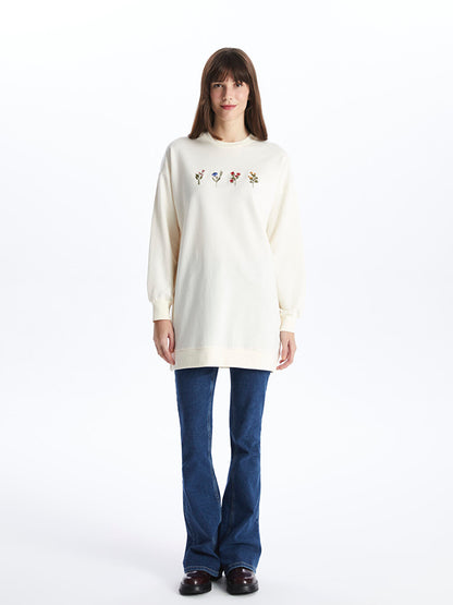 Crew Neck Embroidered Long Sleeve Women's Sweatshirt Tunic