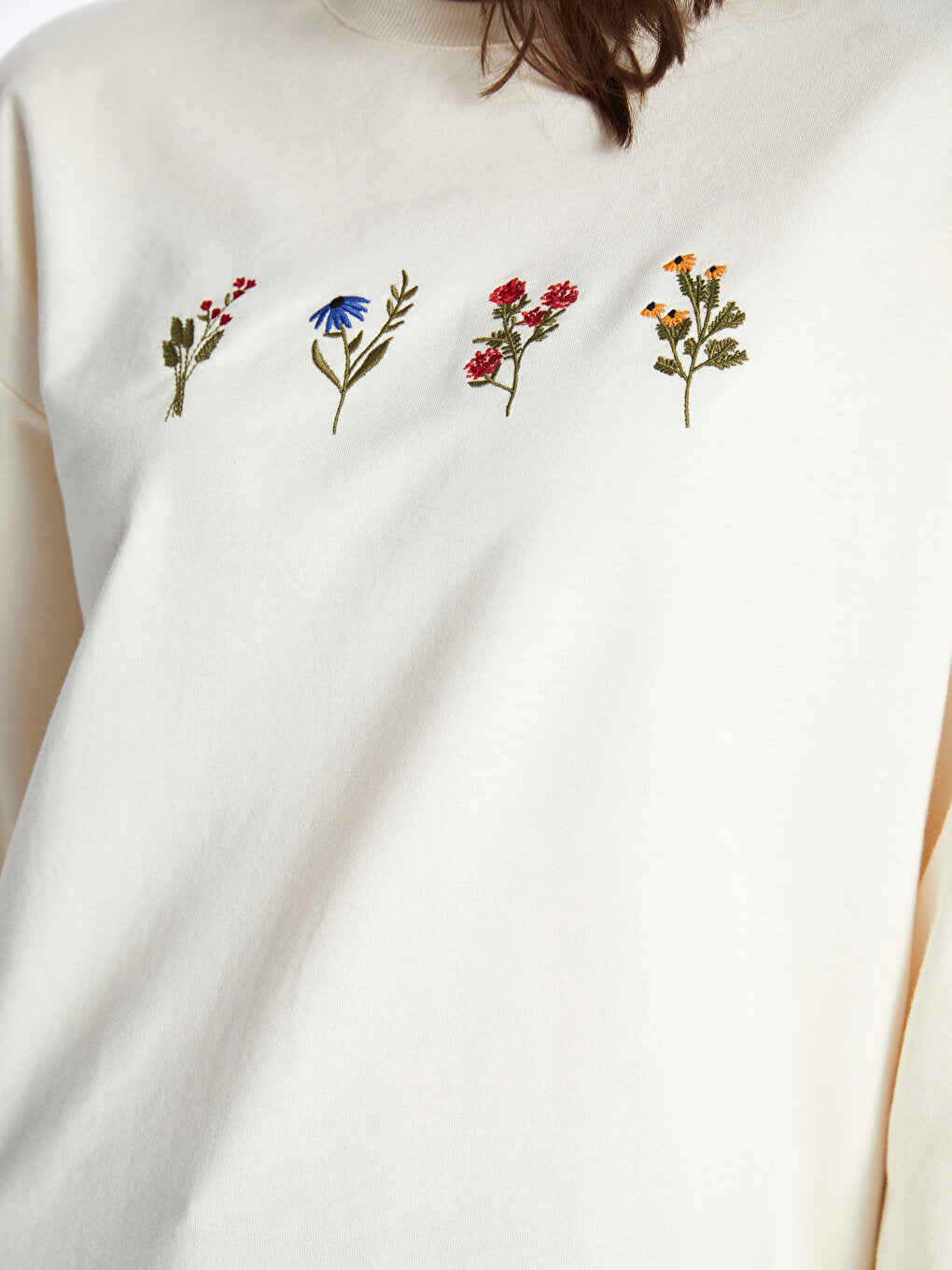 Crew Neck Embroidered Long Sleeve Women's Sweatshirt Tunic