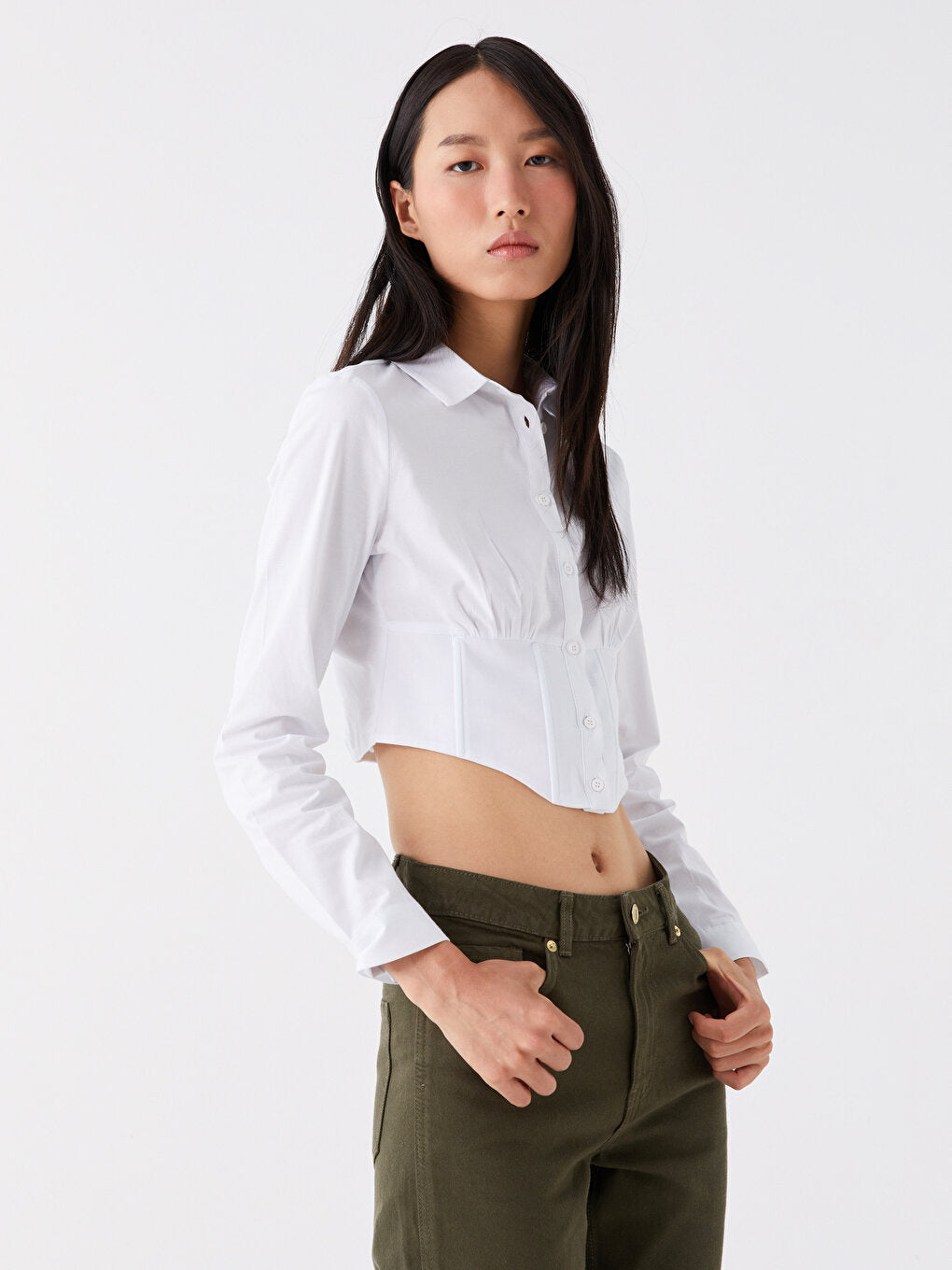 Plain Long Sleeve Crop Women's Shirt