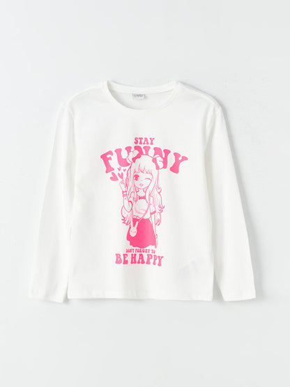 Crew Neck Printed Long Sleeve Girls' T-Shirt