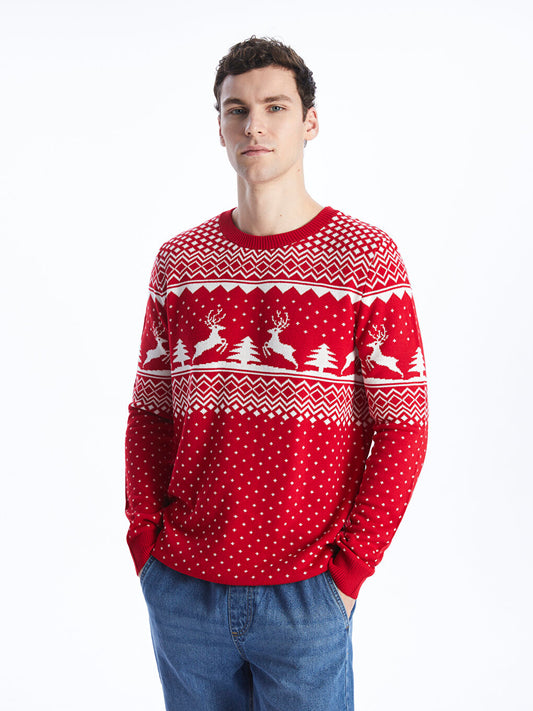 Crew Neck Long Sleeve New Year Themed Men's Knitwear Sweater