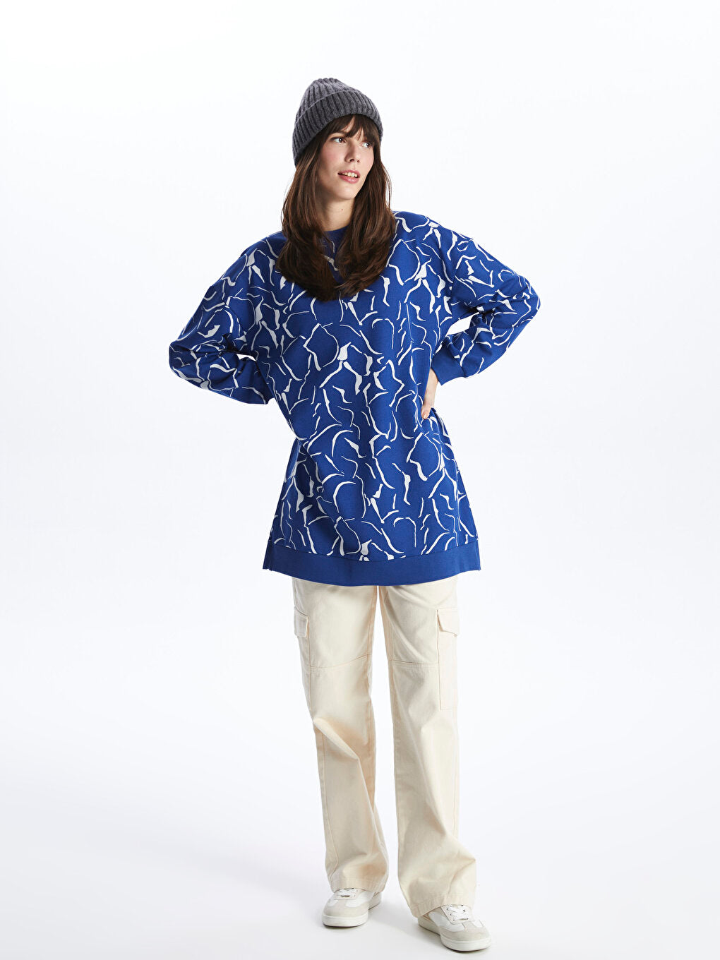 Crew Neck Patterned Long Sleeve Women's Sweatshirt Tunic