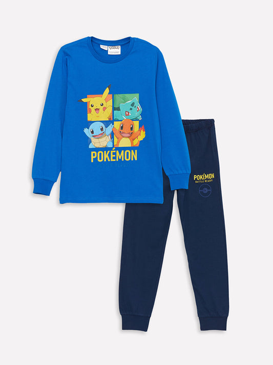 Crew Neck Pokemon Printed Long Sleeve Boys Pajama Set