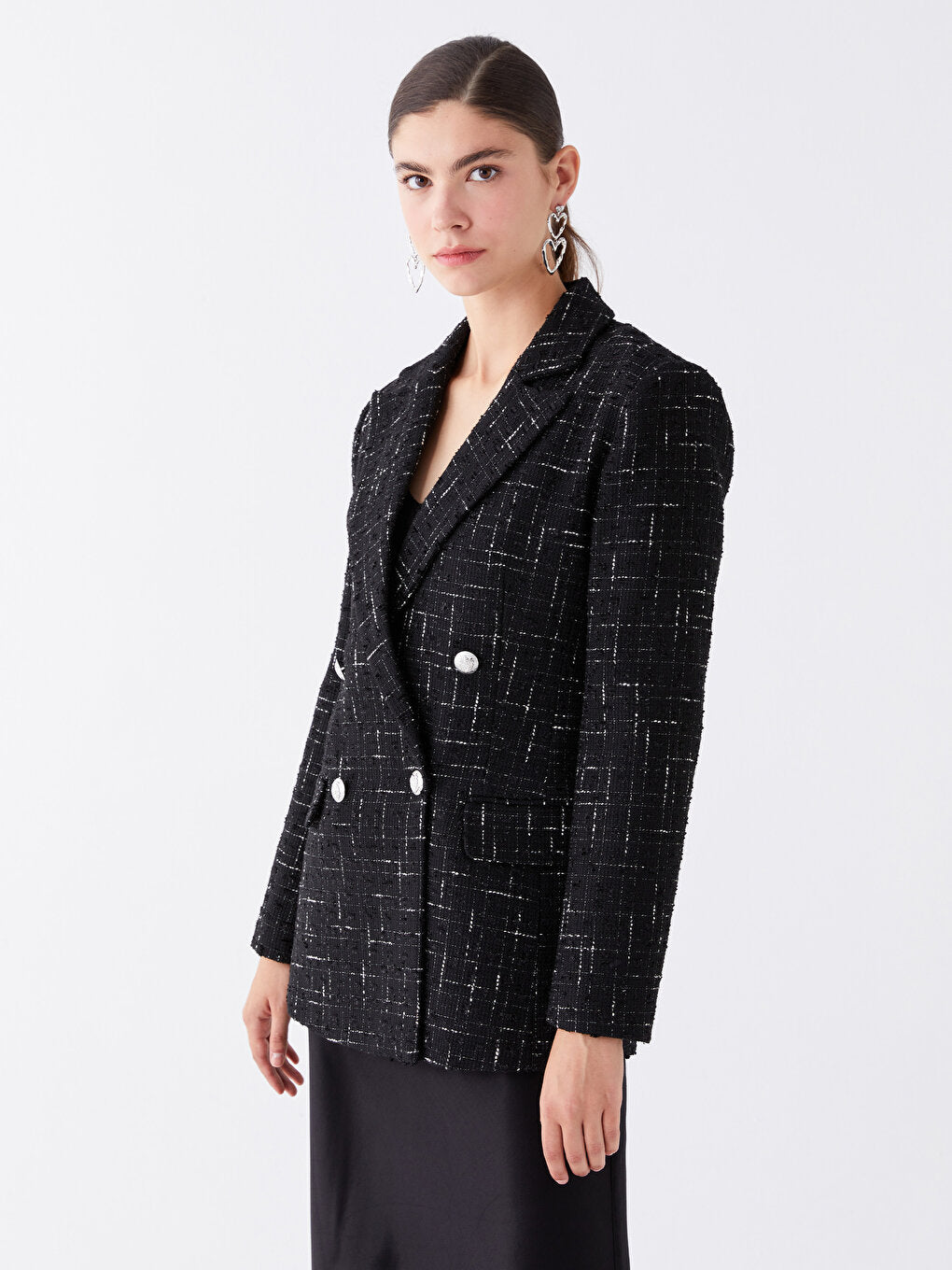 Plaid Long Sleeve Women's Tweed Blazer Jacket