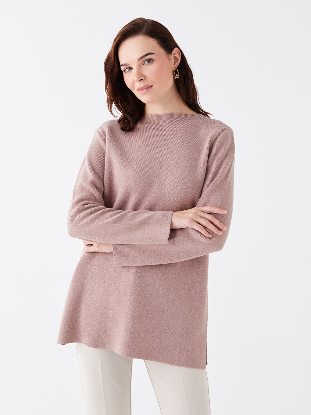 Crew Neck Plain Long Sleeve Women's Knitwear Tunic