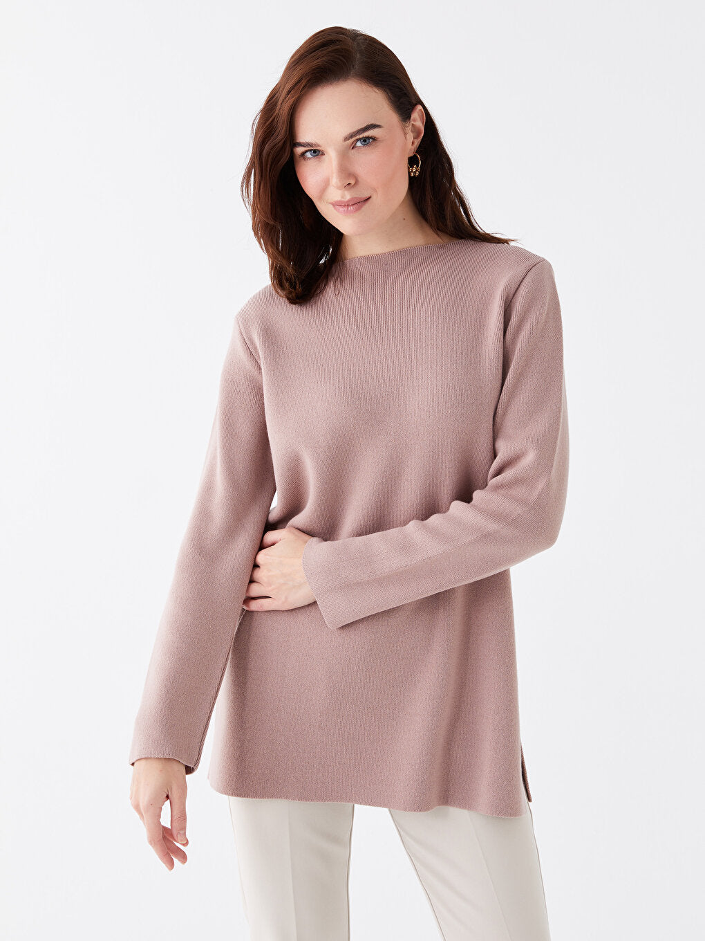 Crew Neck Plain Long Sleeve Women's Knitwear Tunic