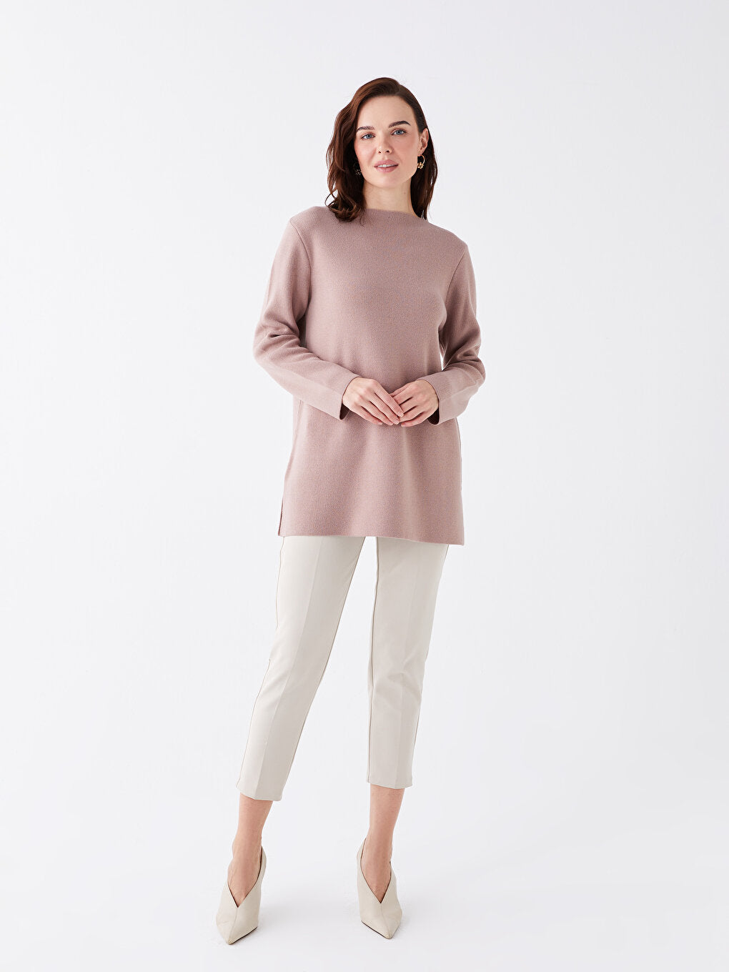 Crew Neck Plain Long Sleeve Women's Knitwear Tunic