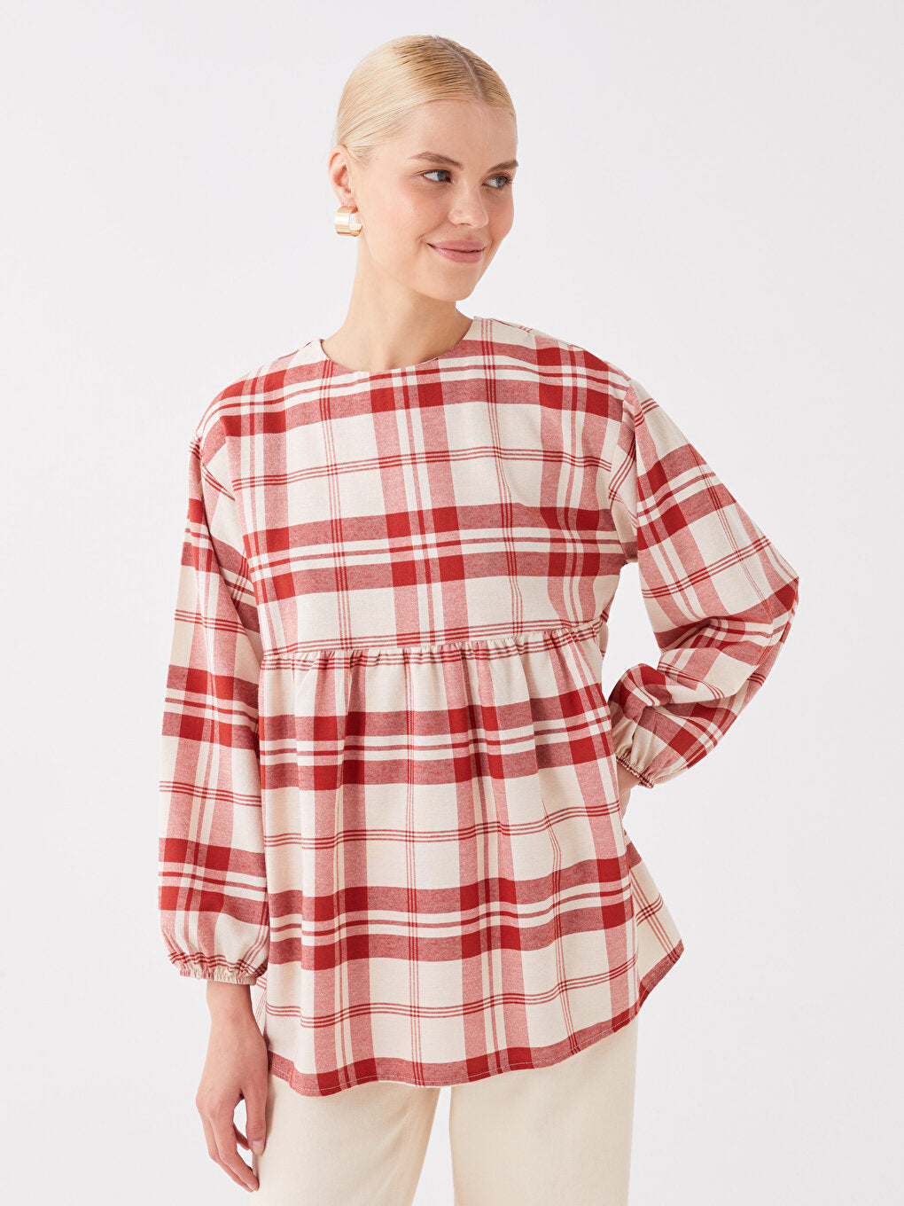 Crew Neck Plaid Long Sleeve Women's Tunic