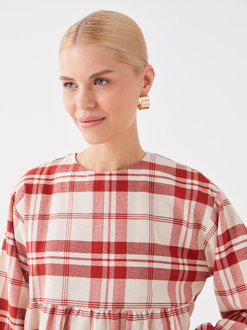 Crew Neck Plaid Long Sleeve Women's Tunic