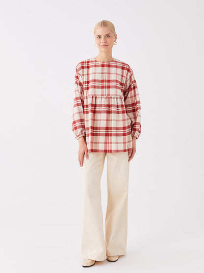 Crew Neck Plaid Long Sleeve Women's Tunic