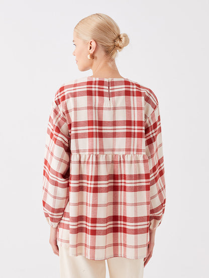 Crew Neck Plaid Long Sleeve Women's Tunic