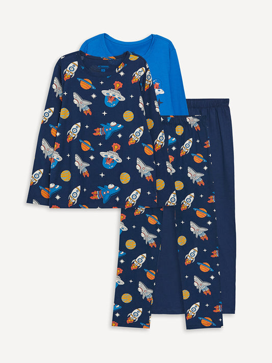 Crew Neck Printed Long Sleeve Boy's Pajama Set 2-Piece