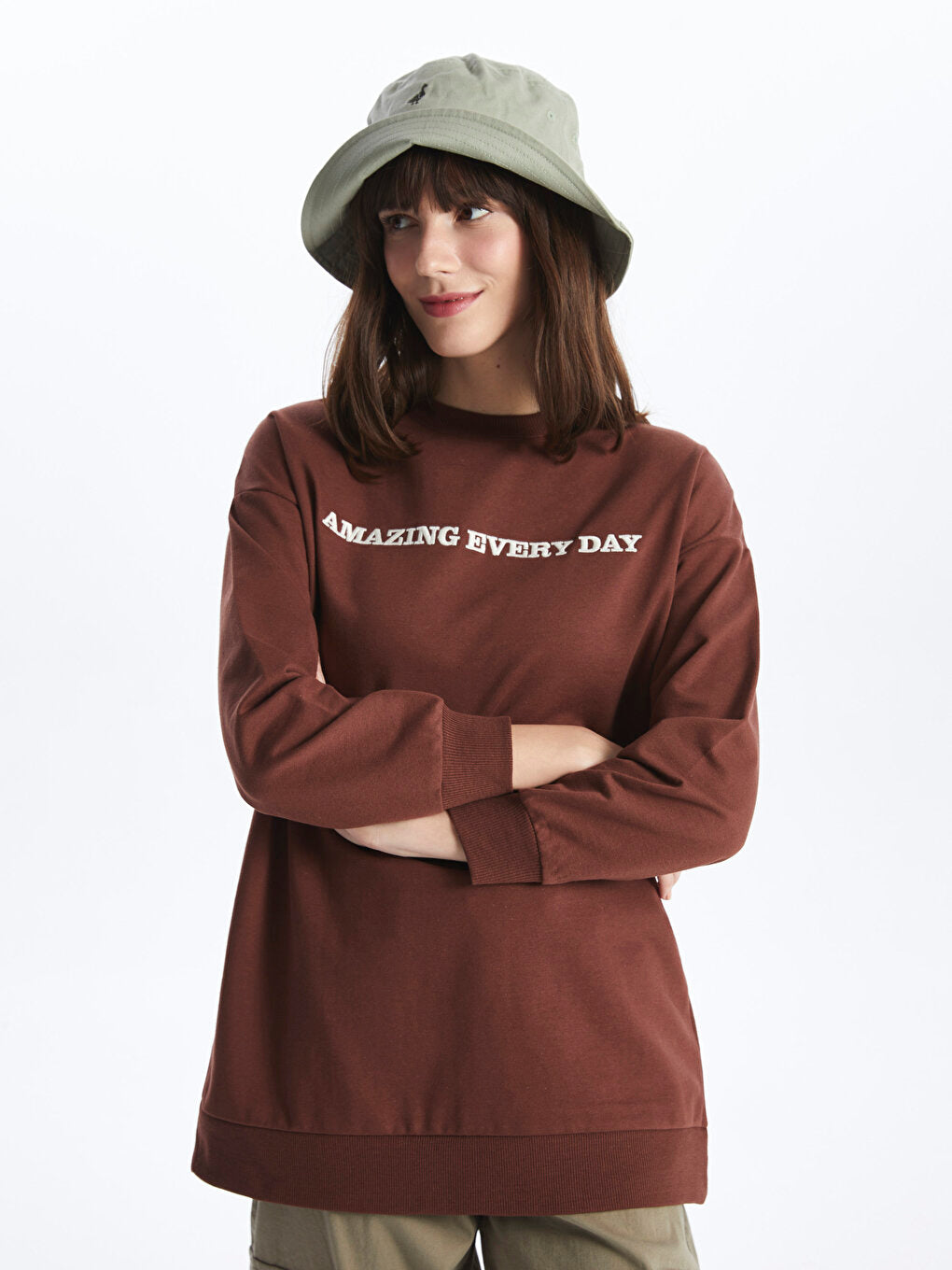 Crew Neck Embroidered Long Sleeve Women's Sweatshirt Tunic