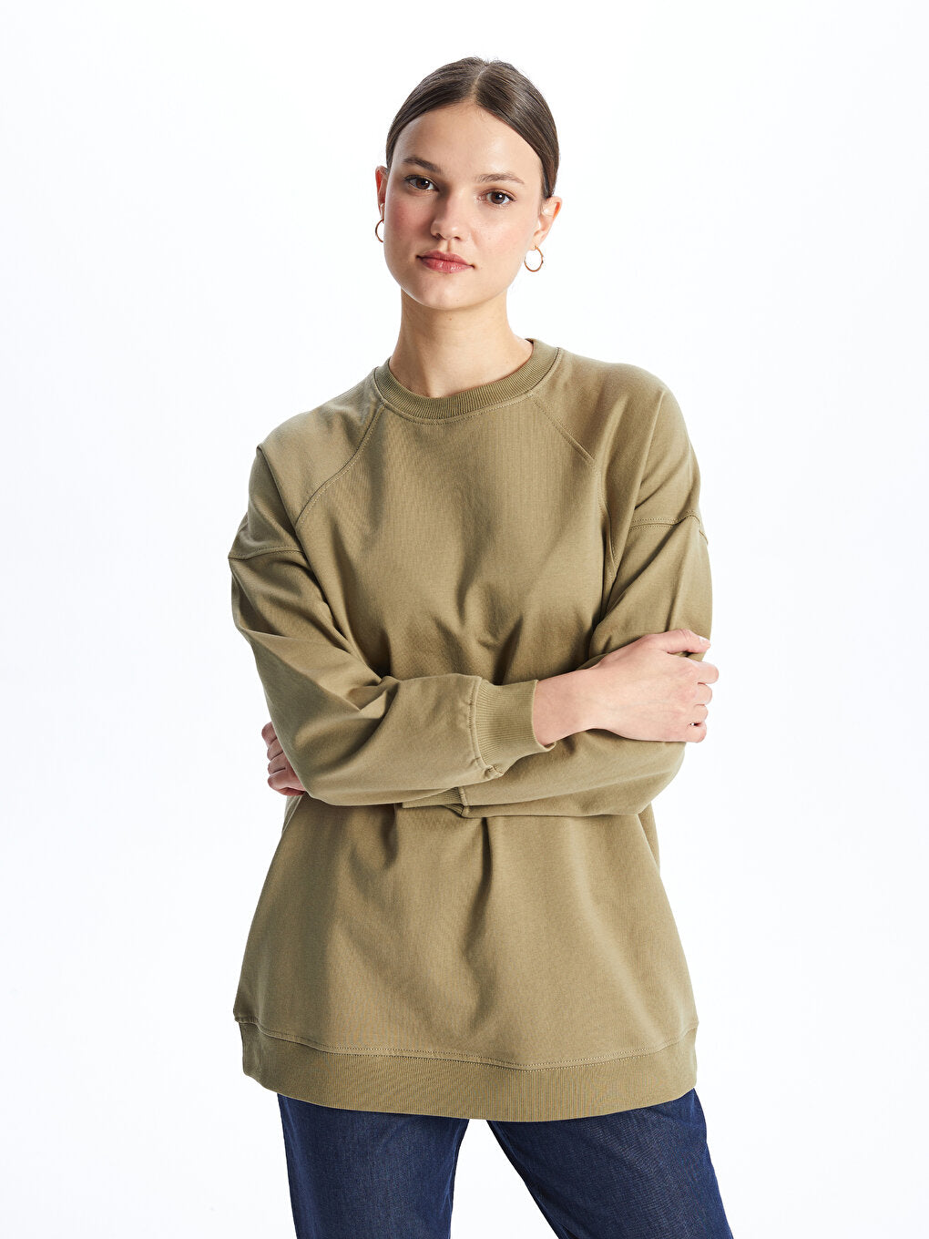 Crew Neck Plain Long Sleeve Women's Sweatshirt Tunic