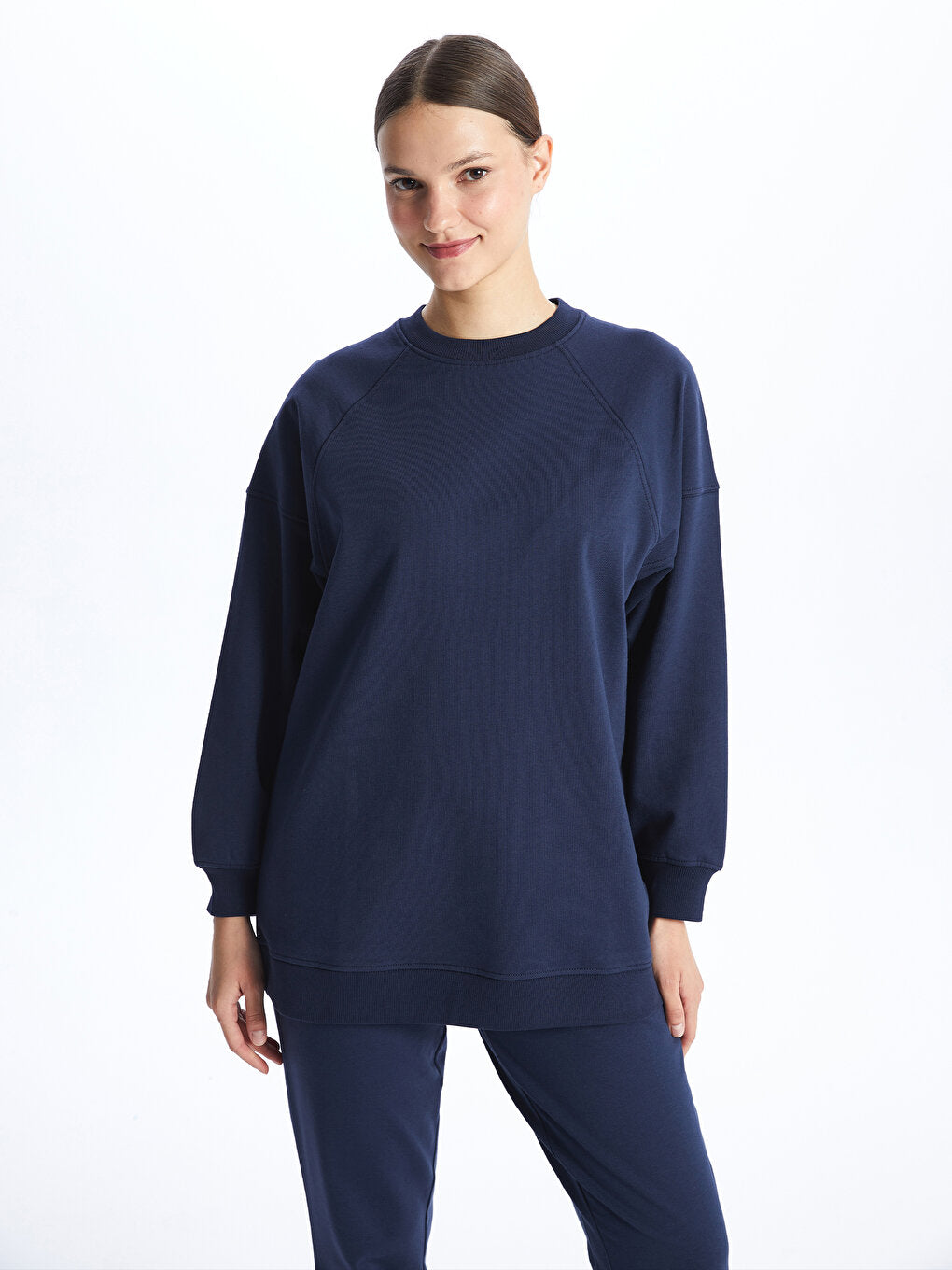 Crew Neck Plain Long Sleeve Women's Sweatshirt Tunic