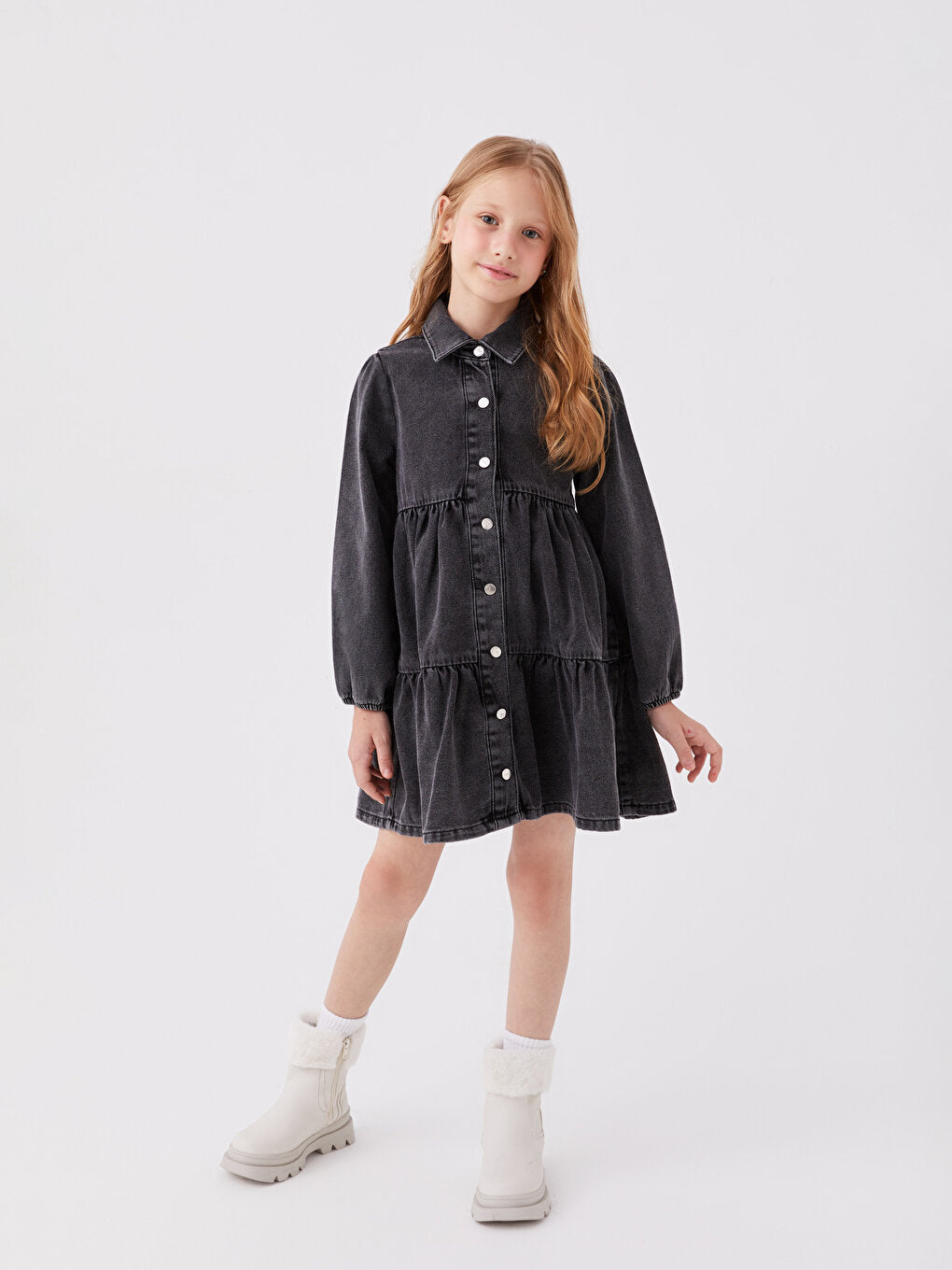 Shirt Collar Basic Long Sleeve Girl's Jean Dress