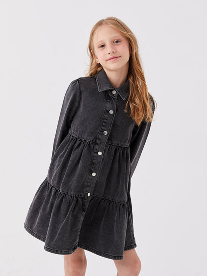 Shirt Collar Basic Long Sleeve Girl's Jean Dress