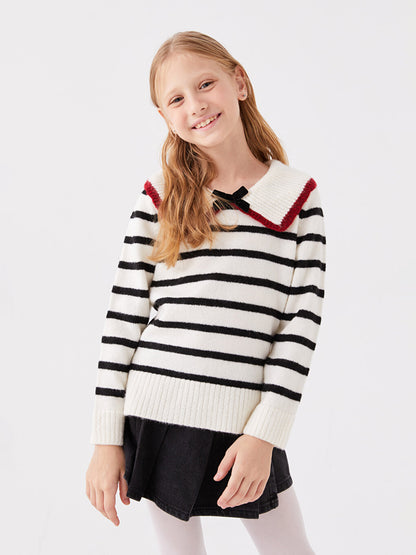 Polo Neck Striped Long Sleeve Girls Knitwear Sweater Mother Daughter Combination