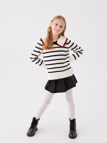 Polo Neck Striped Long Sleeve Girls Knitwear Sweater Mother Daughter Combination