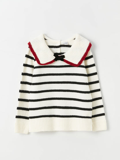 Polo Neck Striped Long Sleeve Girls Knitwear Sweater Mother Daughter Combination