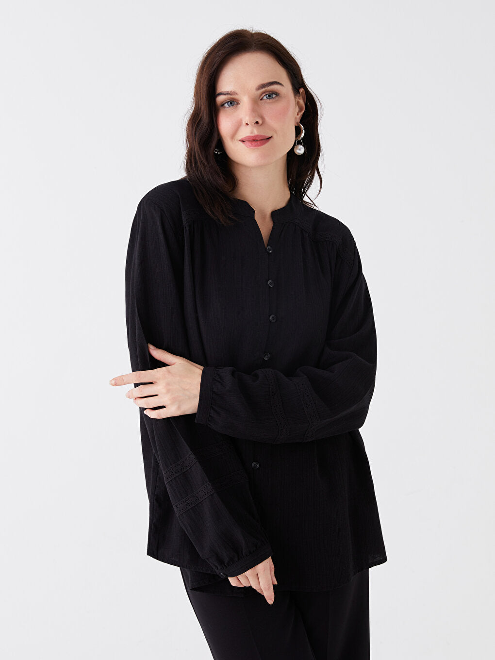 Loose Collar Plain Long Sleeve Women's Shirt