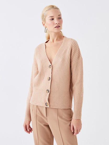 V-Neck Plain Long Sleeve Oversize Women's Knitwear Cardigan