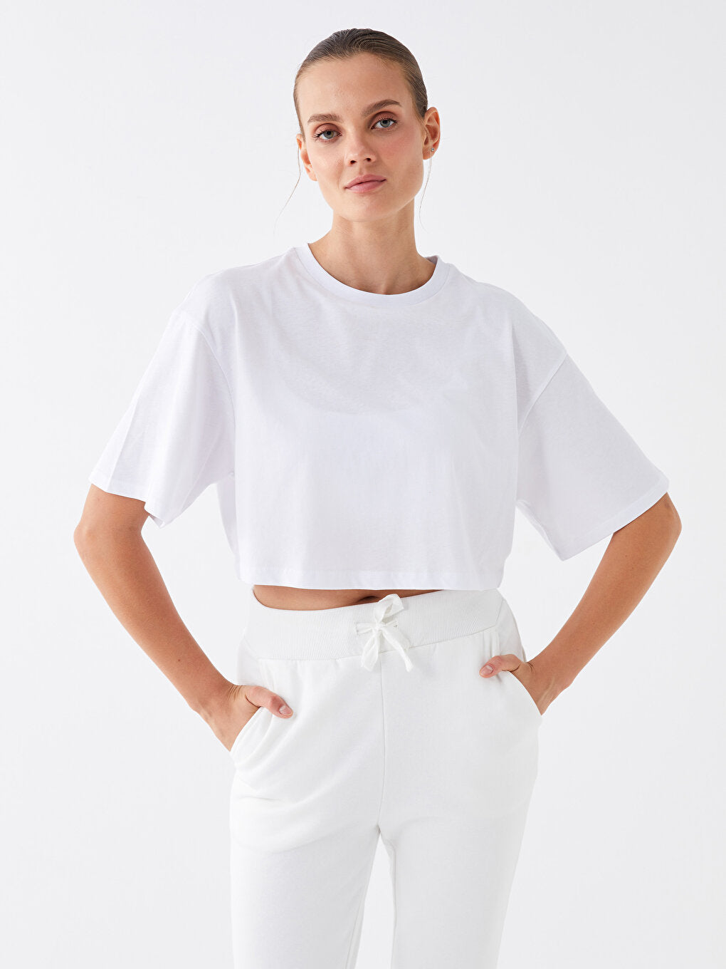 Crew Neck Straight Short Sleeve Oversize Women's Crop