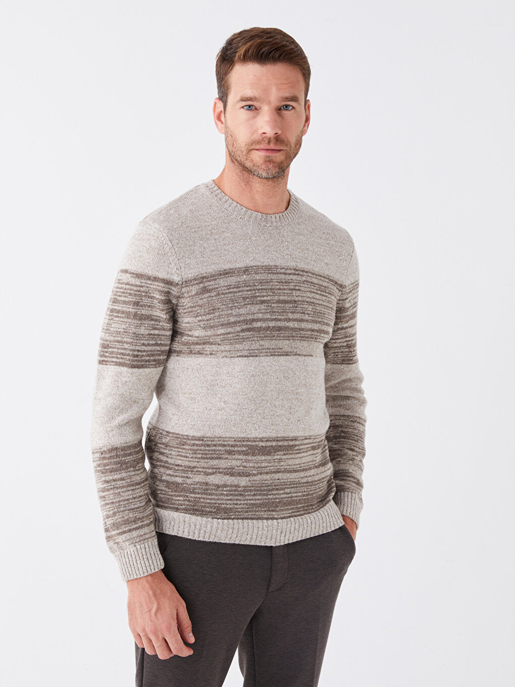 Crew Neck Long Sleeve Striped Men's Knitwear Sweater