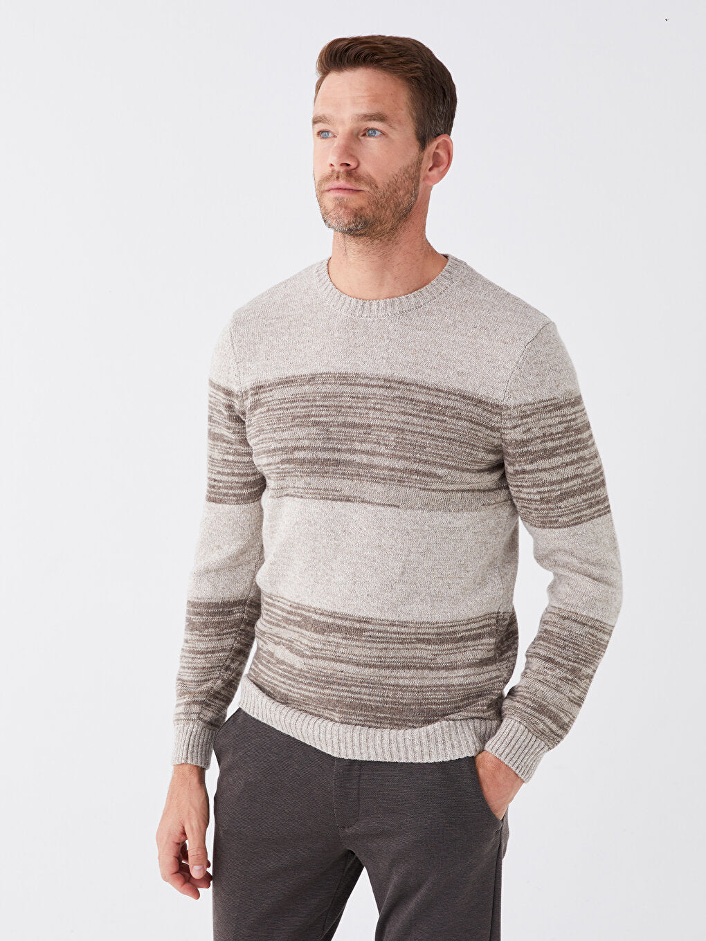 Crew Neck Long Sleeve Striped Men's Knitwear Sweater