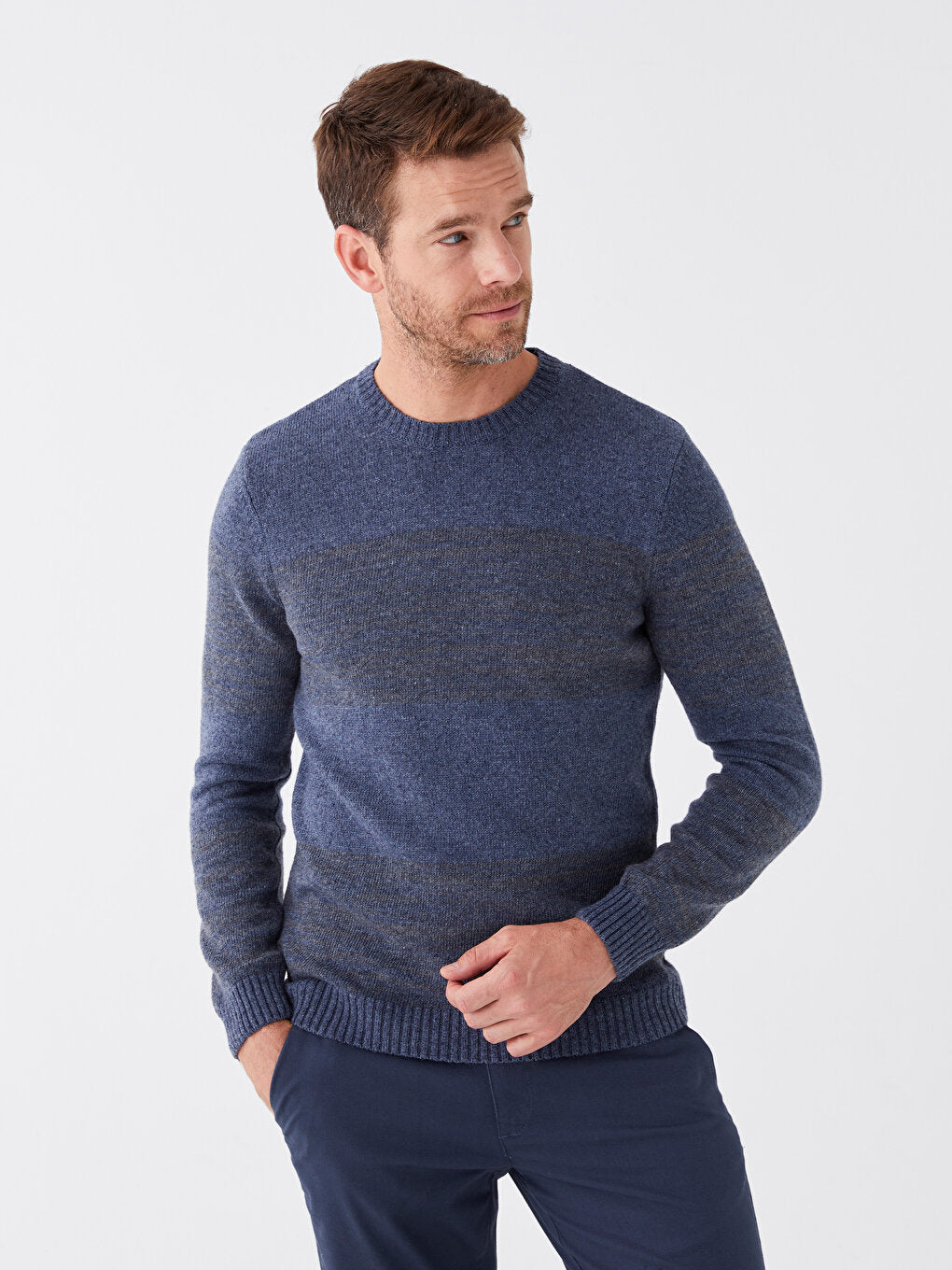 Crew Neck Long Sleeve Striped Men's Knitwear Sweater