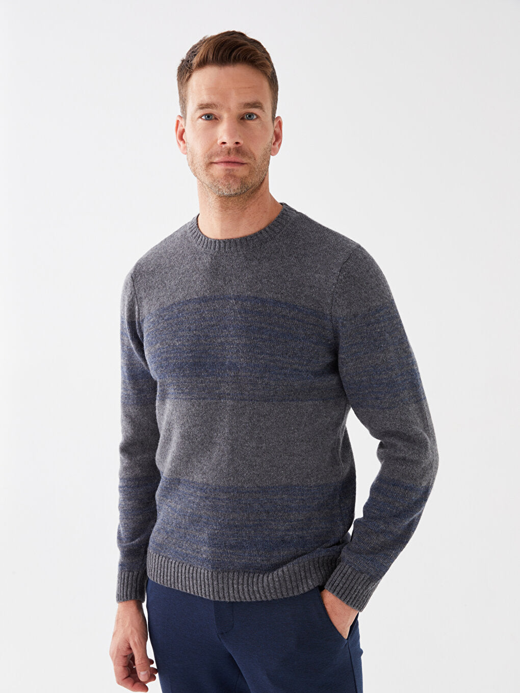 Crew Neck Long Sleeve Striped Men's Knitwear Sweater