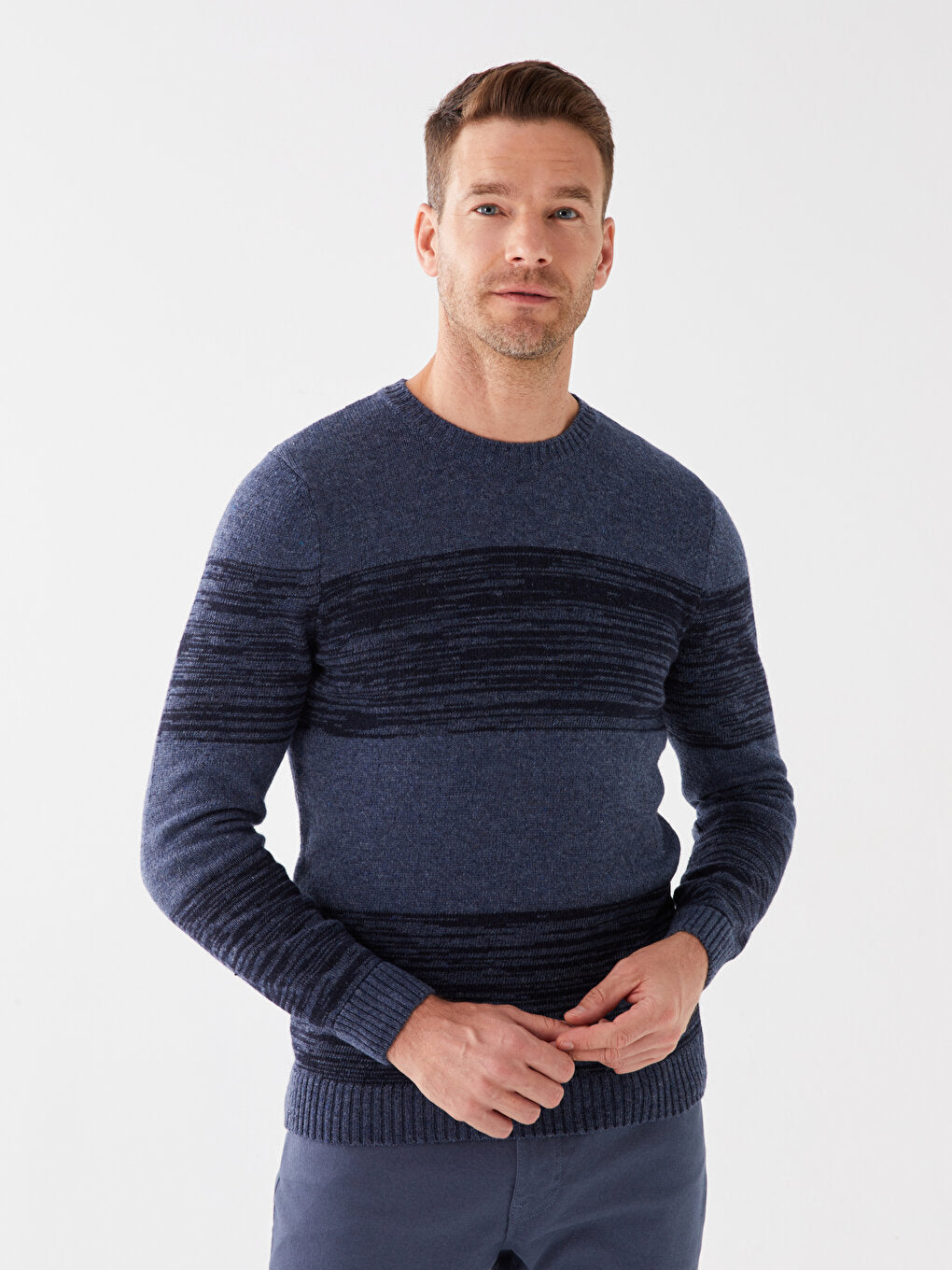 Crew Neck Long Sleeve Striped Men's Knitwear Sweater