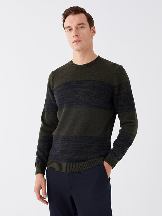 Crew Neck Long Sleeve Striped Men's Knitwear Sweater