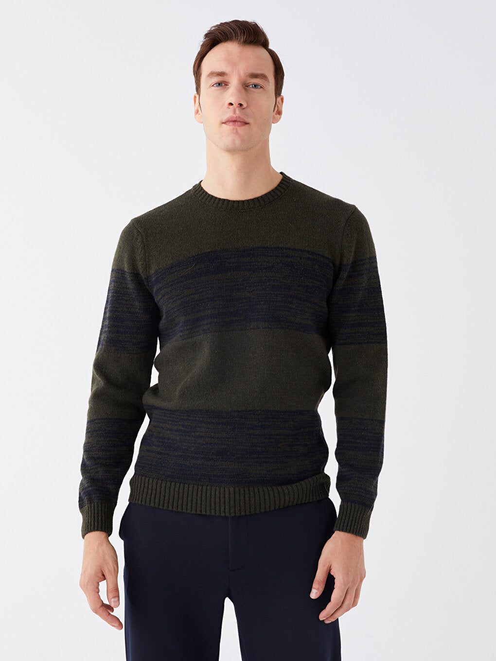 Crew Neck Long Sleeve Striped Men's Knitwear Sweater