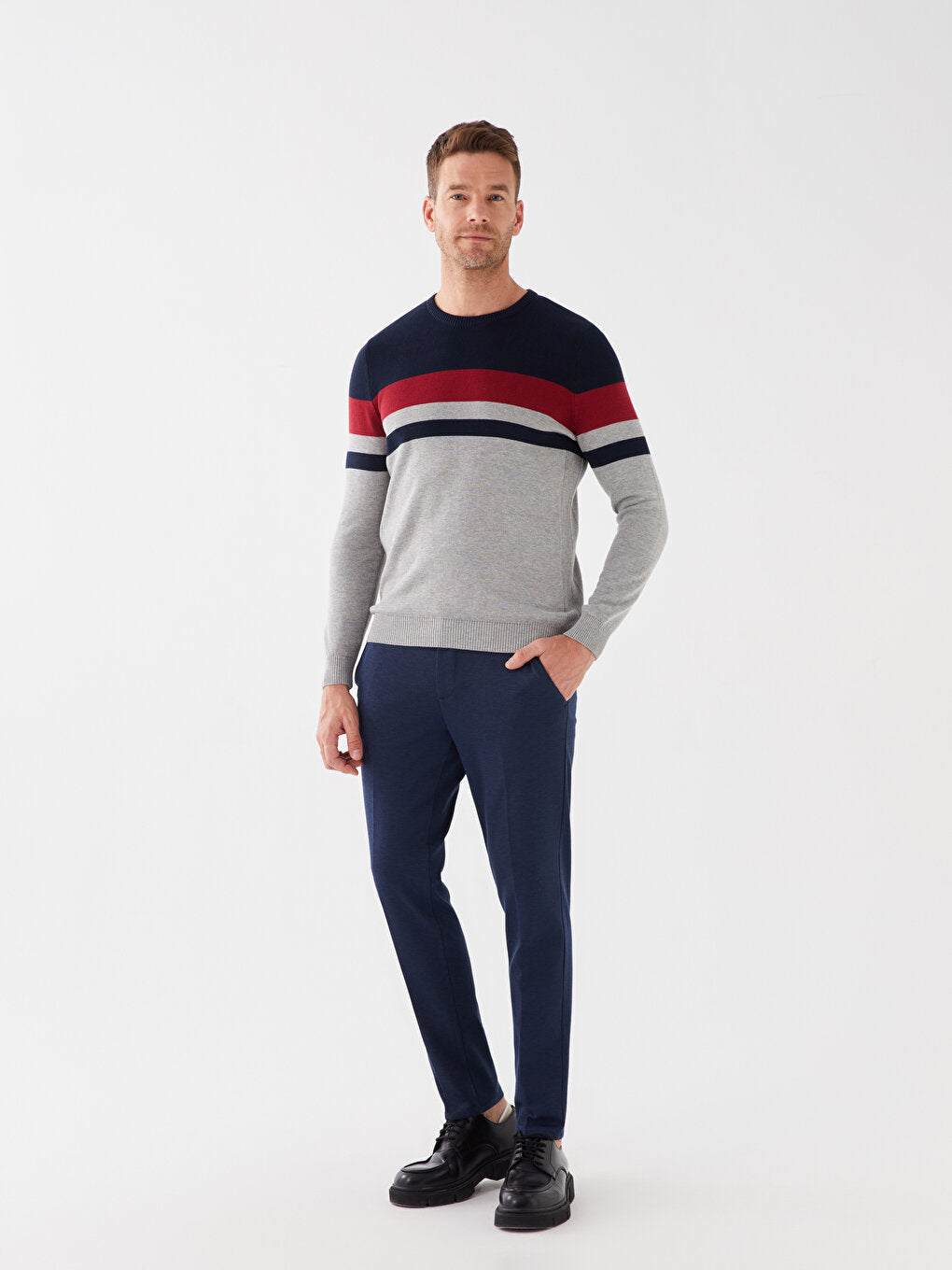 Crew Neck Long Sleeve Color Block Men's Knitwear Sweater