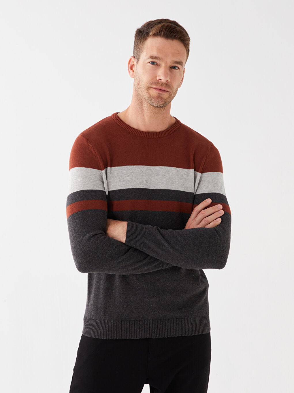 Crew Neck Long Sleeve Color Block Men's Knitwear Sweater