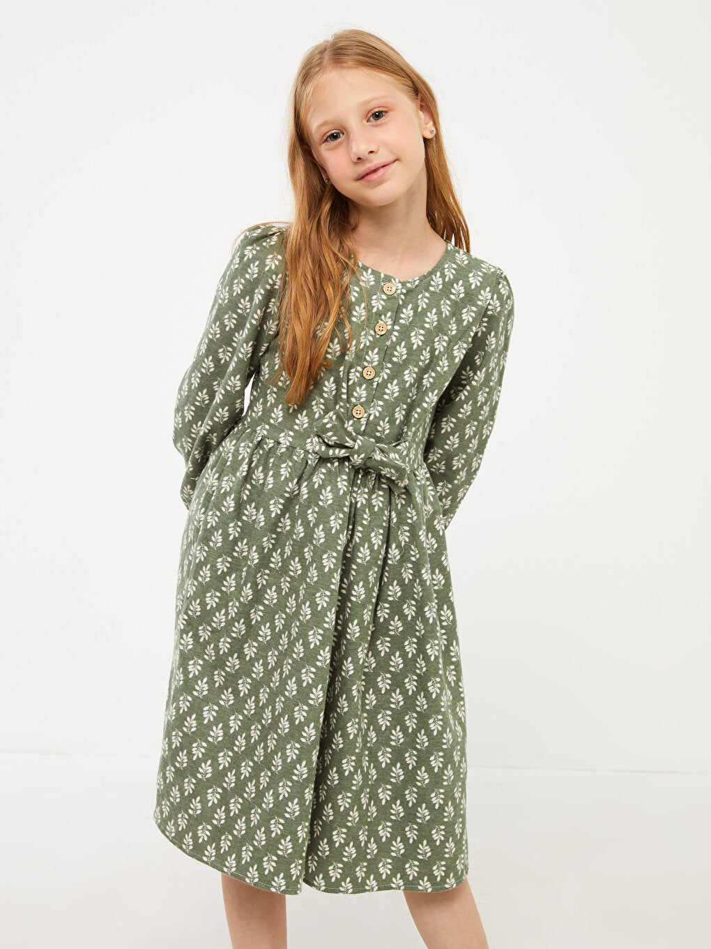 Crew Neck Patterned Long Sleeve Girl's Dress