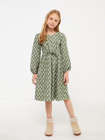 Crew Neck Patterned Long Sleeve Girl's Dress