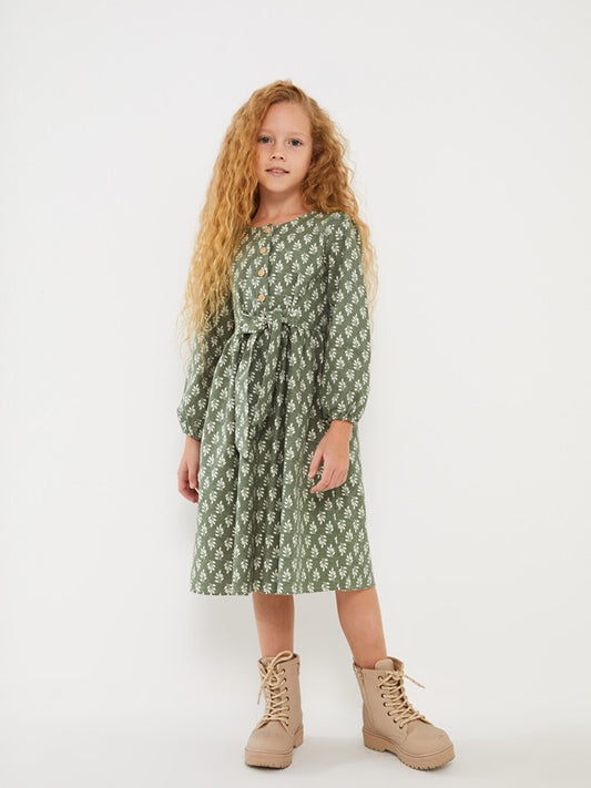 Crew Neck Patterned Long Sleeve Girl's Dress